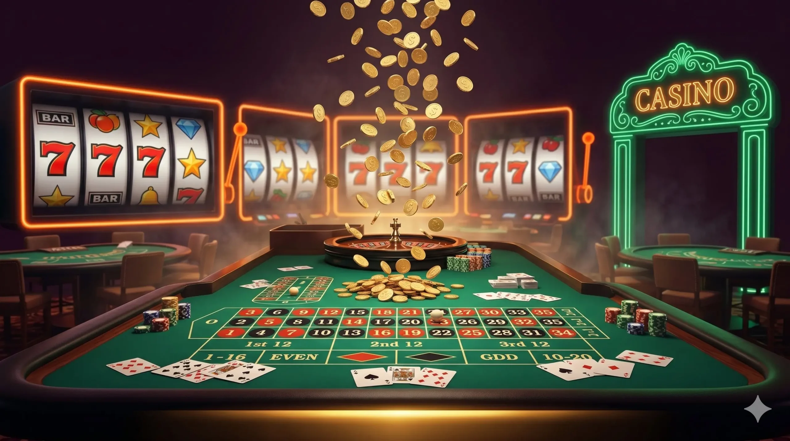 DaVegas Casino Oyunları DaVegas casino oyunları - rulet masası, slot makineleri ve altın coinler